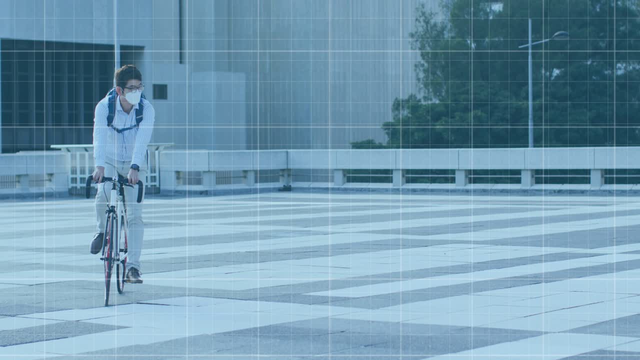 Masked commuter cyclist accelerating past plaza railing when red finance graph overlay fading in