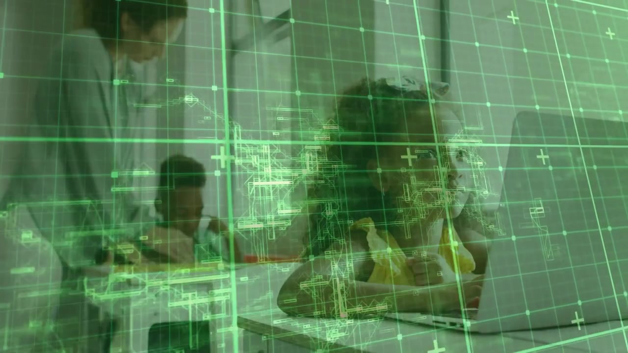 Green grid overlay fading, teacher guiding boy writing on tablet and girl using laptop for learning