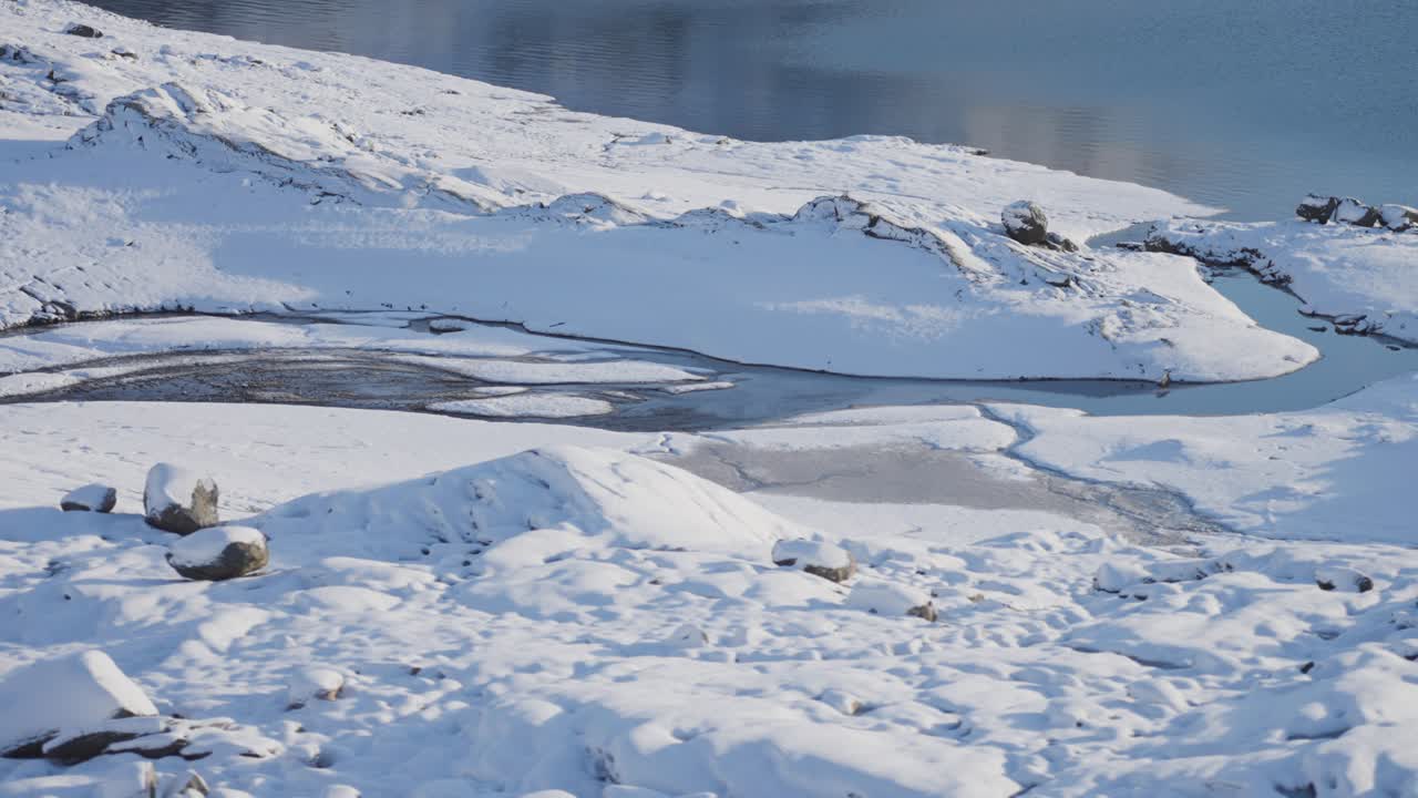작은 호숫가의 순수한 첫눈