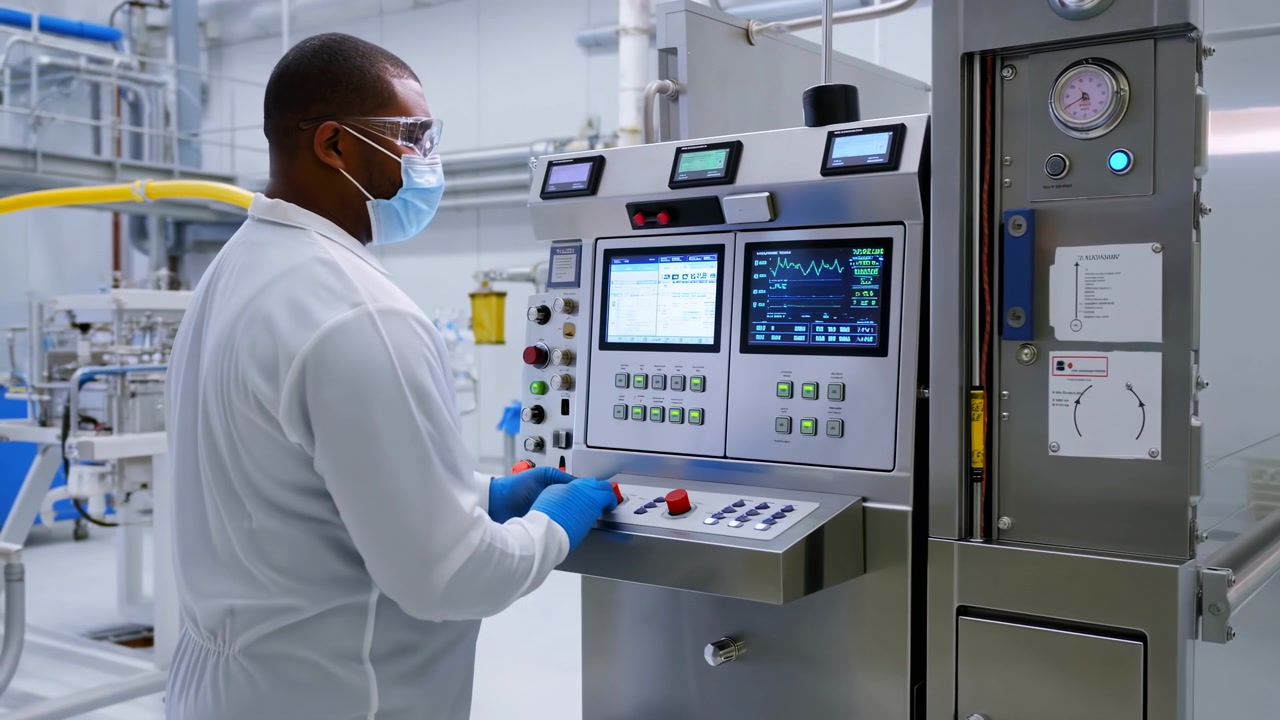 Technician in white protective coverall, goggles, mask, and blue gloves works at stainless steel control panel inside bright pharmaceutical cleanroom, touching illuminated displays and monitoring