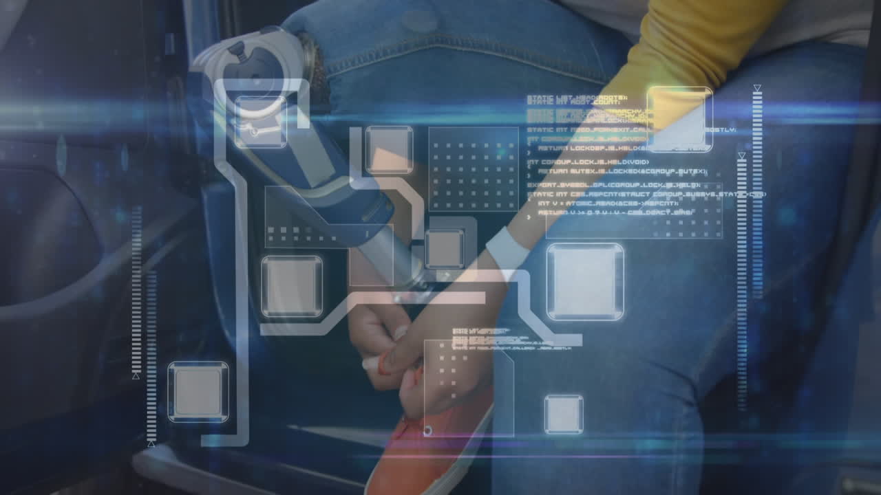 Animation of data processing with female with prosthetic leg in background