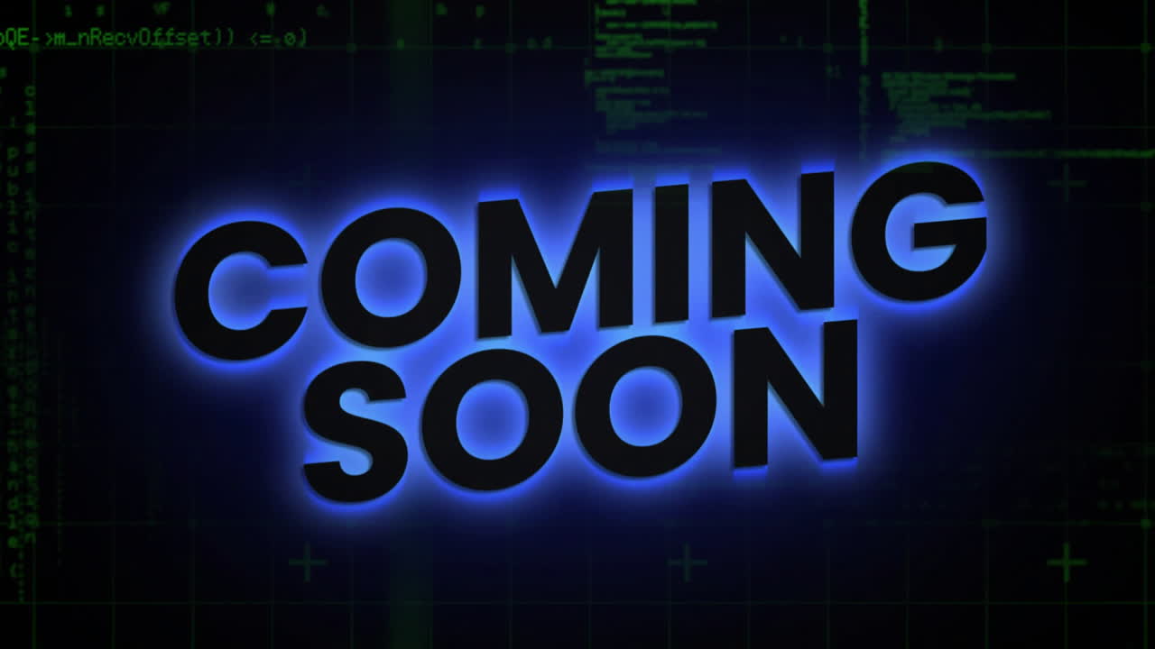 Animation of Coming Soon text glowing on dark background with digital elements