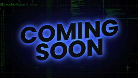 animation of coming soon text glowing on dark background with digital elements