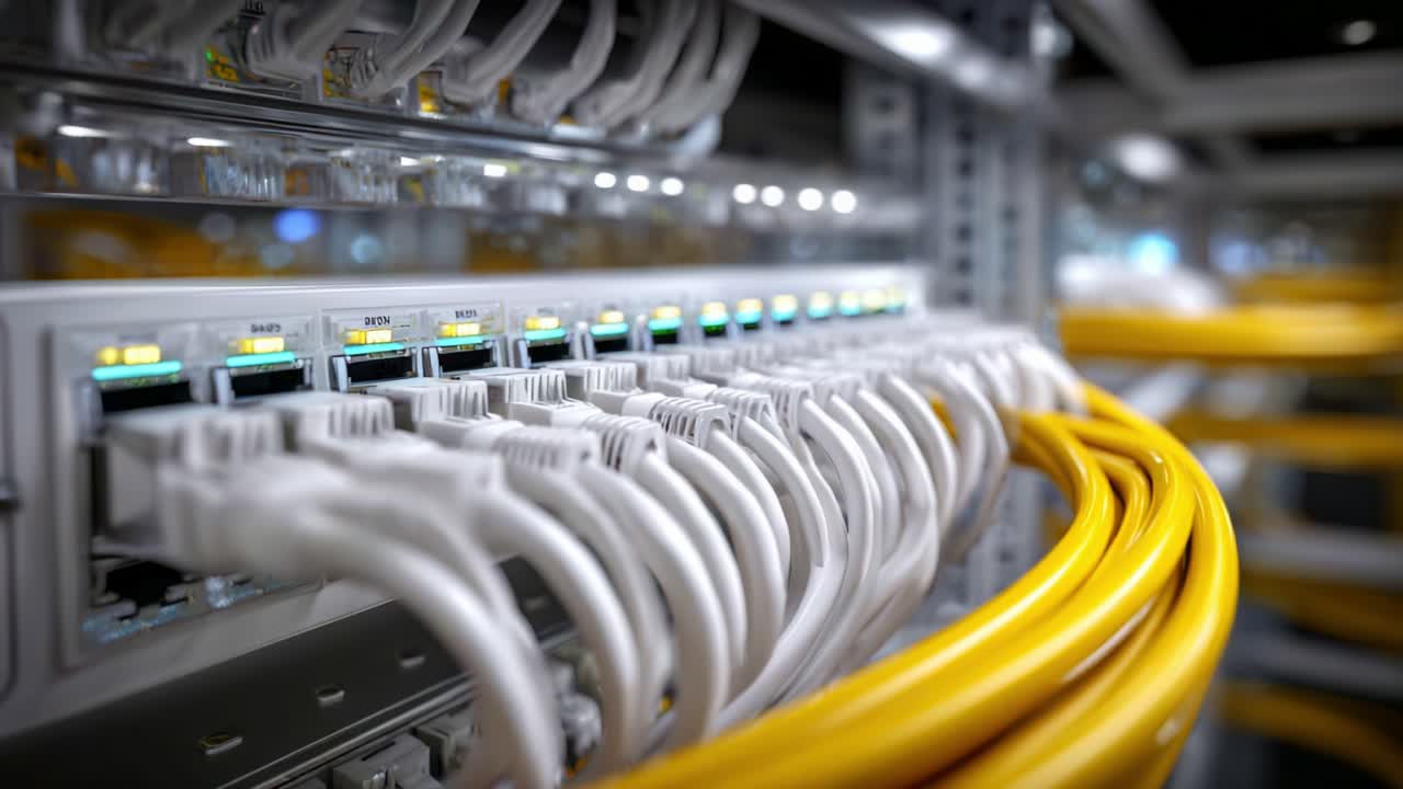 A Visually Engaging Close-Up of Network Cables and Connectors in a Data Center with Organized Arrangement and Vibrant Yellow Cables Highlighting Connectivity and Infrastructure