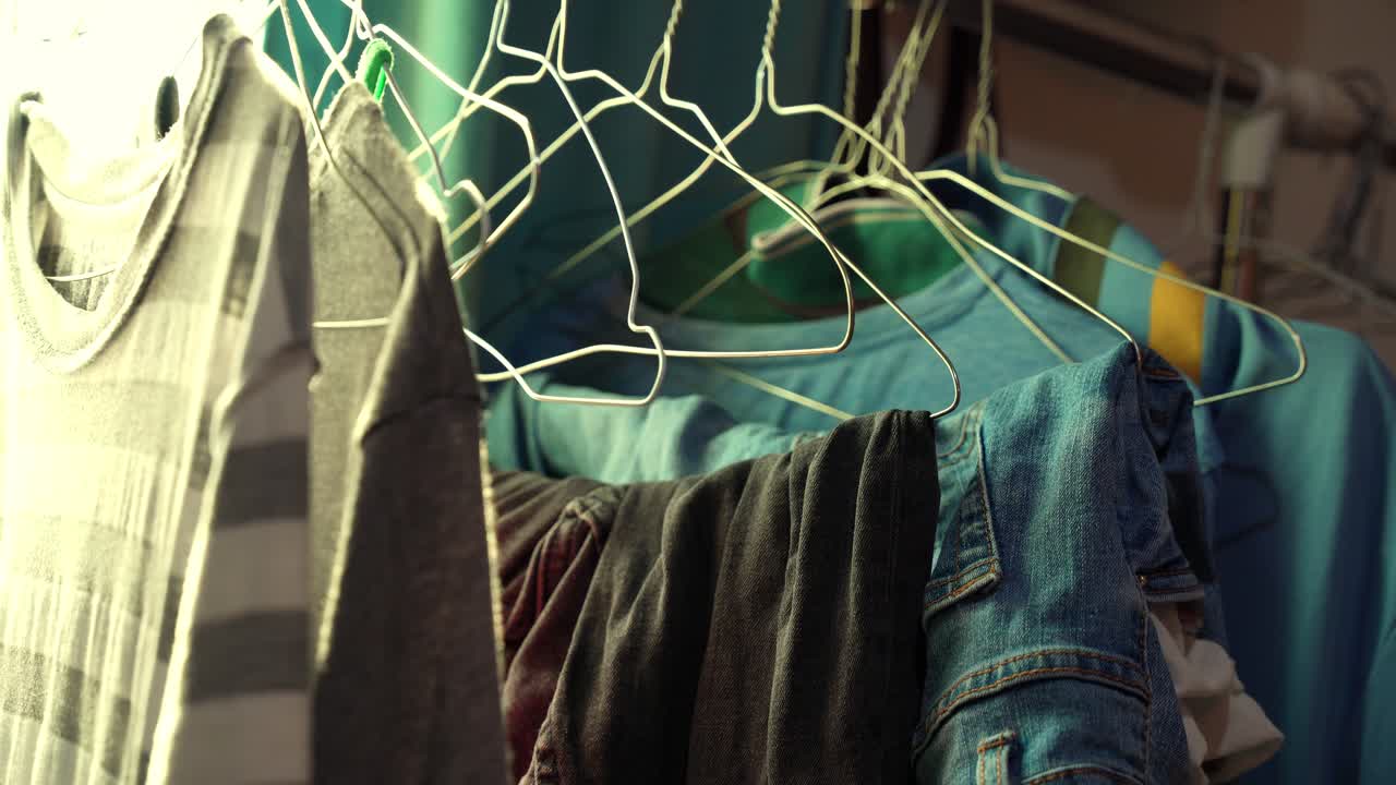 A mix of casual shirts and denim neatly arranged on wire hangers in soft sunlight—perfect for home, laundry, or lifestyle edits