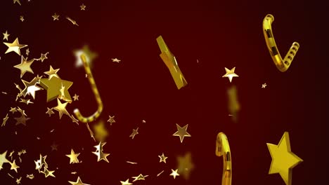 Animation-of-christmas-gold-stars-and-candy-canes-falling-on-red-background