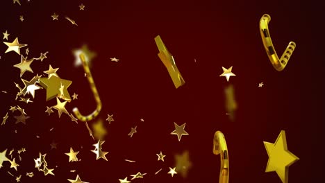 animación de estrellas doradas de navidad y bastones de caramelo cayendo sobre un fondo rojo