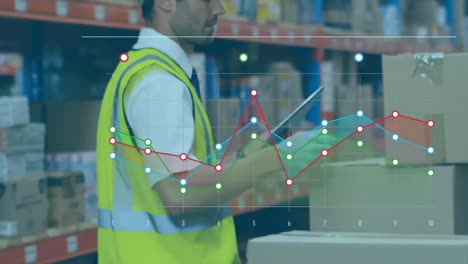 animation of diagram over man using tablet in warehouse