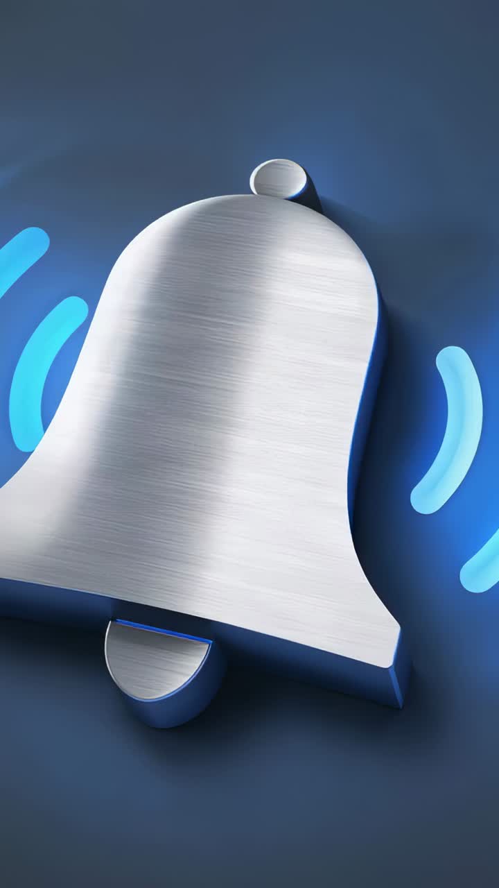 Vertical video: Sweeping light starting bell vibrating on navy UI, blue arcs pulsing for alert