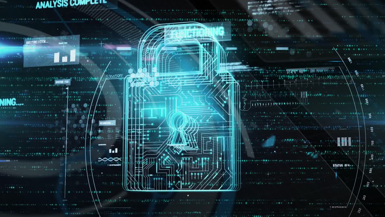 Animation of multiple texts, graph and circuit board pattern in padlock against abstract background