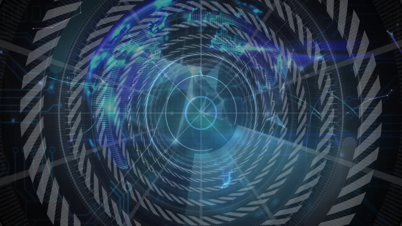 Rotating circular patterns and glowing blue elements in futuristic digital animation