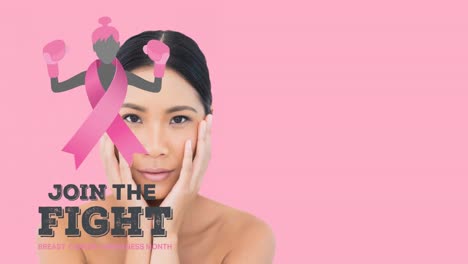 animation of breast cancer awareness text over smiling biracial woman on pink background