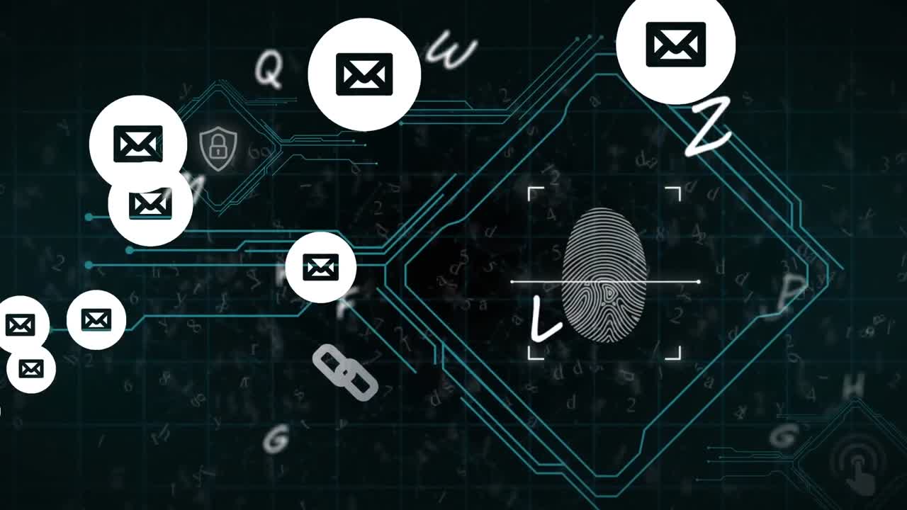 Animation of email envelope icons over biometric fingerprint and letters