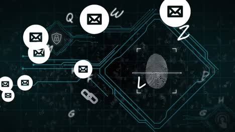 animación de iconos de sobres de correo electrónico sobre huellas dactilares y letras biométricas