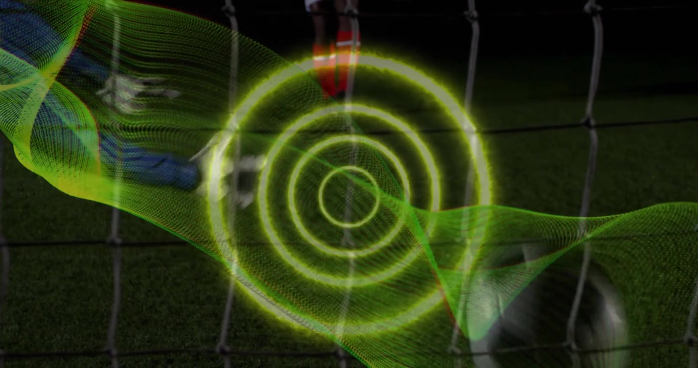Animação de rastro de luz em espiral contra a seção média de um jogador de futebol masculino cobrando um pênalti