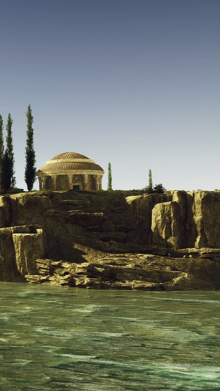 Ancient dome perched on a rocky cliff beside tranquil waters during sunset