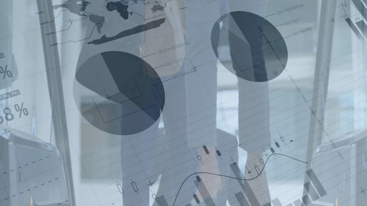 사무실에서 에스컬레이터를 사용하는 비즈니스 사람들에 대한 금융 데이터 처리 애니메이션