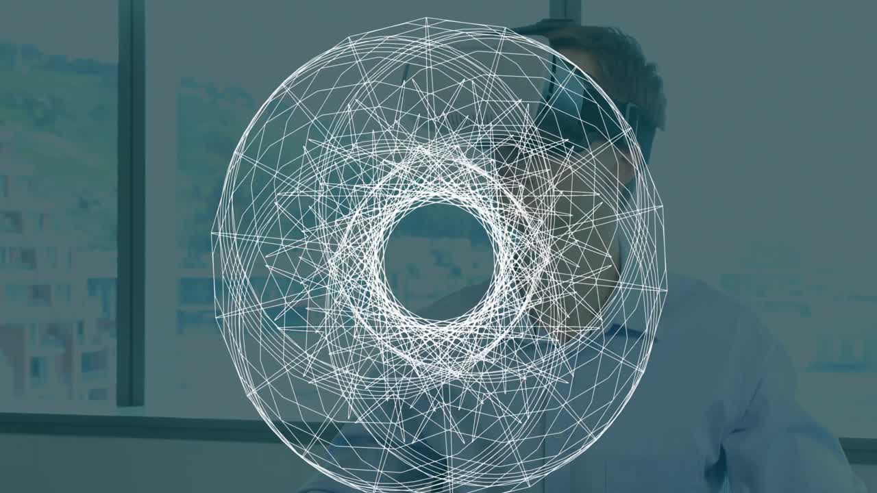 animación de la geometría giratoria, sobre el hombre que usa auriculares vr