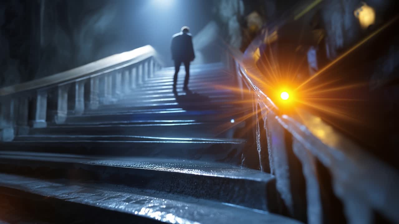 Dark staircase leads upward into dim light. Single figure ascends steps, silhouetted against glow. Orange lens flare illuminates rail on right. Mood feels solitary, hopeful, or mysterious