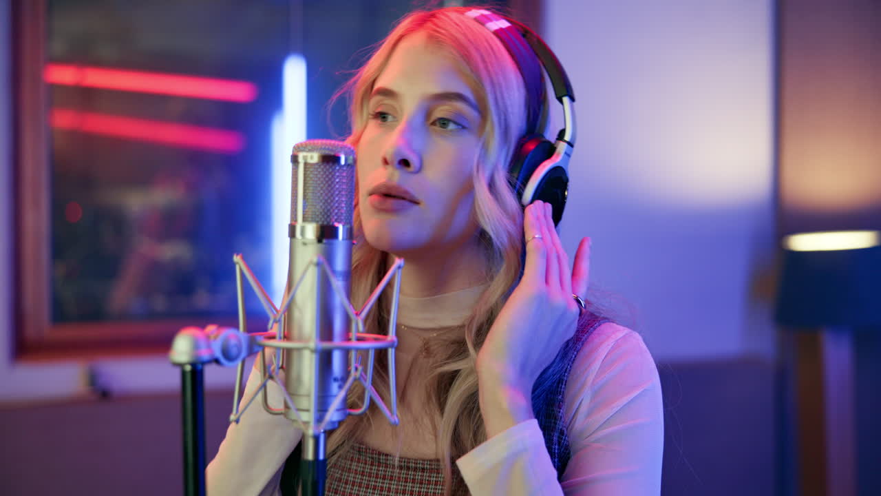 Woman singing into a microphone with headphones in a studio