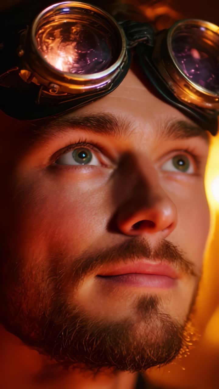 Ein nachdenklicher Blick: Ein junger Mann mit altertümlicher Brille, der von warmem Licht beleuchtet wird und einen Moment der Reflexion und Fantasie in einer kreativen Atmosphäre einfängt
