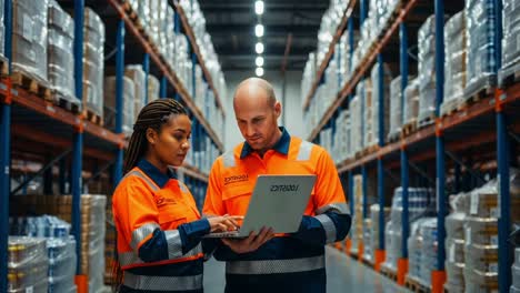 warehouse collaboration: two workers in uniform engage with a laptop amidst stacked pallets, showcasing teamwork and technology in an industrial setting