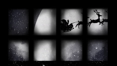 Animation-of-santa-claus-in-sleigh-with-reindeer-seen-through-window