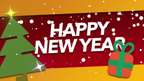Feliz-Año-Nuevo-Con-Nieve-Volando-Y-árbol-De-Navidad-Verde-Con-Caja-De-Regalo