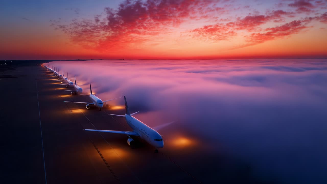 Breathtaking Dawn Over a Fleet of Aircraft: Captivating View of Airplanes Rowed Together Beneath Vibrant Skies, Shrouded in Fog as Night Turns to Day