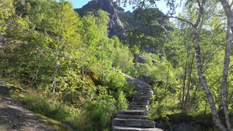 hiking trail stairs to djevelporten at floya mountain in svolvaer, lofoten islands, norway - tilting up