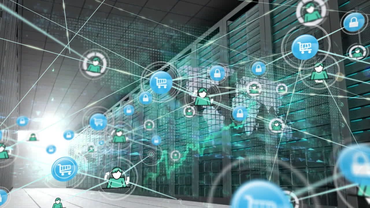 연결된 아이콘, 렌즈 플레어, 숫자 및 지도의 애니메이션은 서버  ⁇ 을 배경으로합니다.