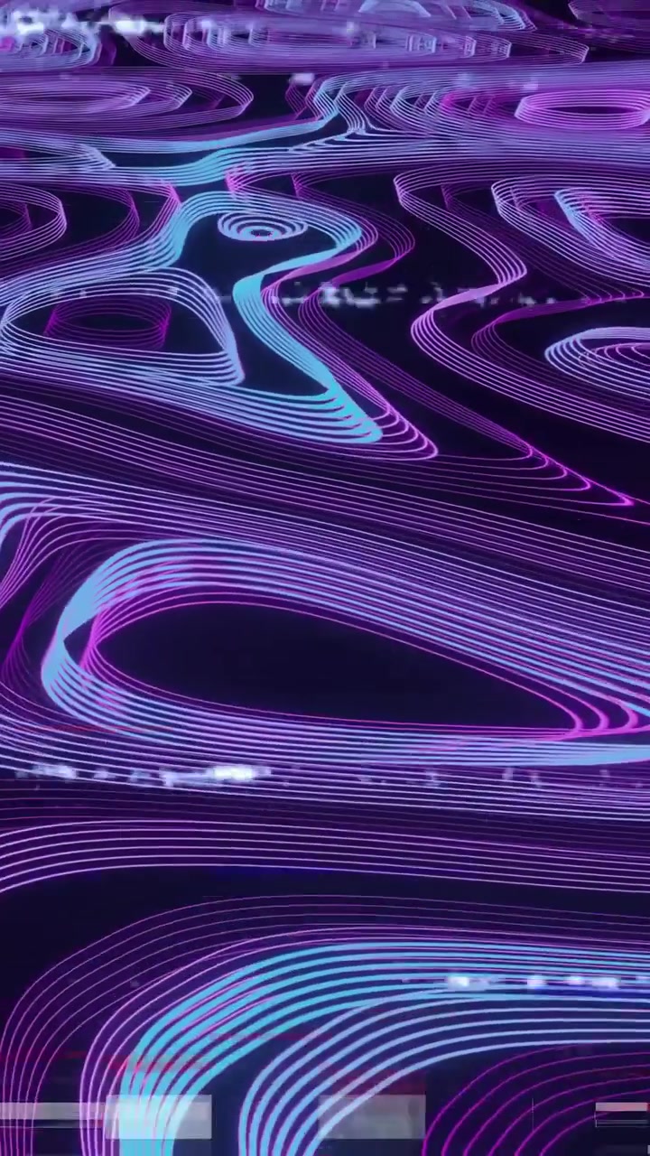 Vertikální video: Bílý pruh se prohání středem, spouští neonové čáry pulzující, měnící se a vytvářející vlnění.