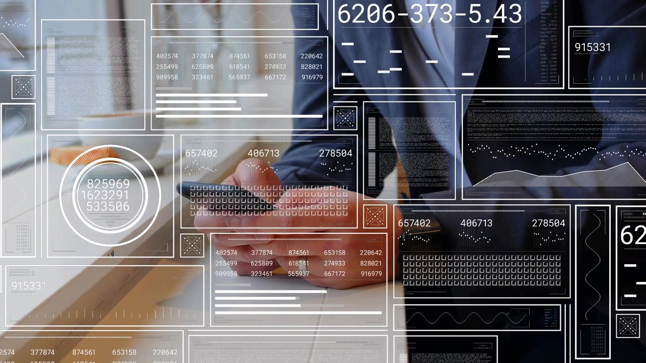 Executive holding smartphone by counter tapping and scrolling analyzing animated finance HUD charts
