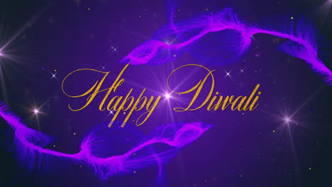feliz animación de texto de diwali sobre fondo festivo púrpura y dorado