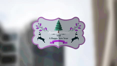 animation of christmas greetings on tag over out of focus cityscape in background