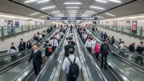 people rushing through a busy modern metro station with escalators and moving walkway