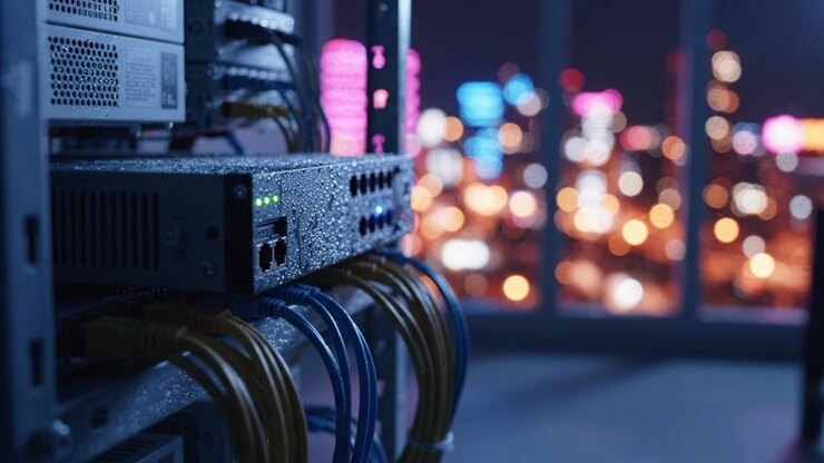 A Close-Up View of Networking Equipment in a Modern Data Center with City Lights Glimmering in the Background, Creating a Hi-Tech Atmosphere at Night