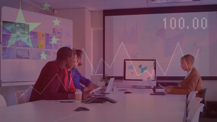 Animation of data processing and chinese flag over diverse colleagues having a video conference