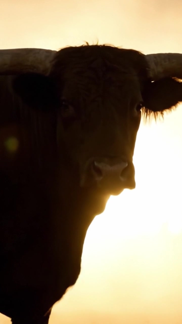 Un toro maestoso sagomato contro un orizzonte dorato all'alba, che cattura l'essenza della bellezza e della forza della natura in questo momento sereno.