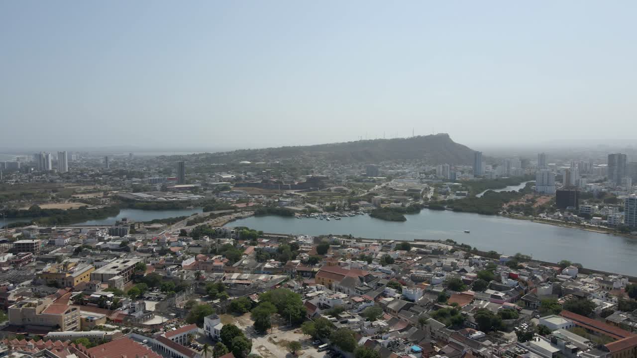 Cartagena Colombia South America city skyline misty sky skyline, aerial drone view