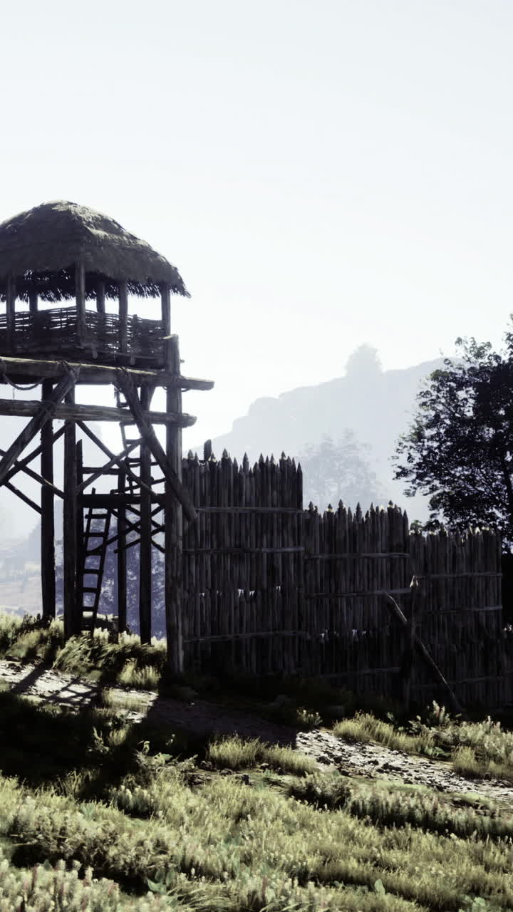 Torre di guardia e recinzione in legno in un paesaggio naturale vicino a una montagna