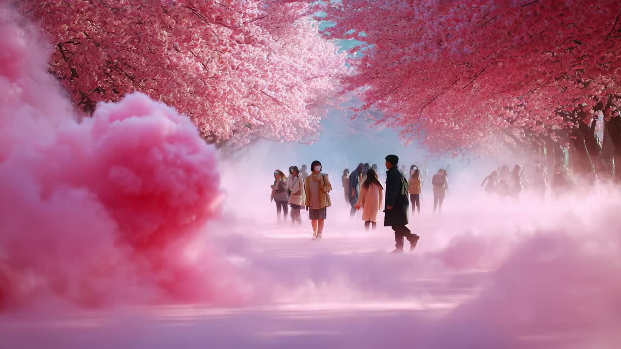 A Serene Stroll Through a Dreamy Cherry Blossom Path, Enveloped in Pink Mist and Surrounded by Blossoming Trees, Creating a Magical Atmosphere of Tranquility and Beauty
