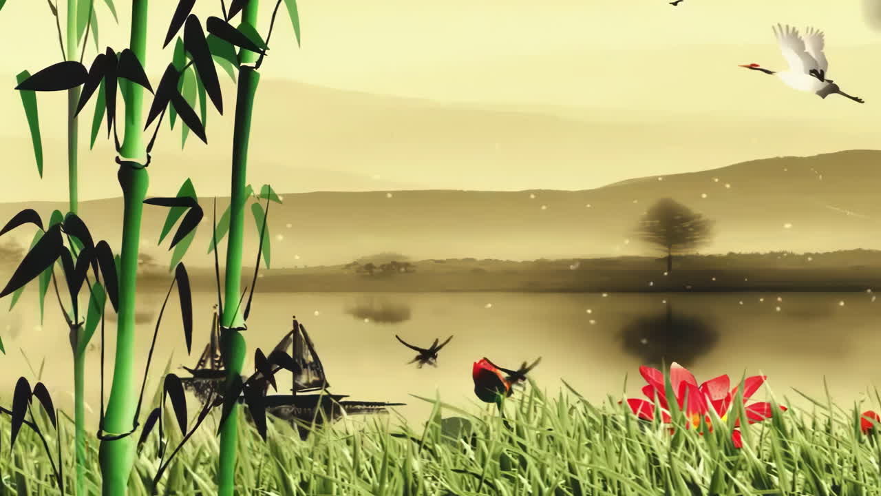 paisaje misterioso animación de arte digital oriental tradicional de china, pintura china retro tinta montaña brumosa con flores, árboles, pájaros, río en el fondo de la niebla