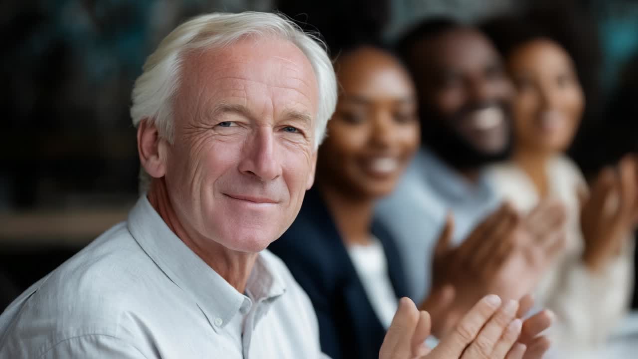 An Engaging Moment of Appreciation Captured in a Heartwarming Scene During a Presentation, Featuring a Grinning Elderly Gentleman and a Group of Enthusiastic Attendees Expressing their Support and Encouragement