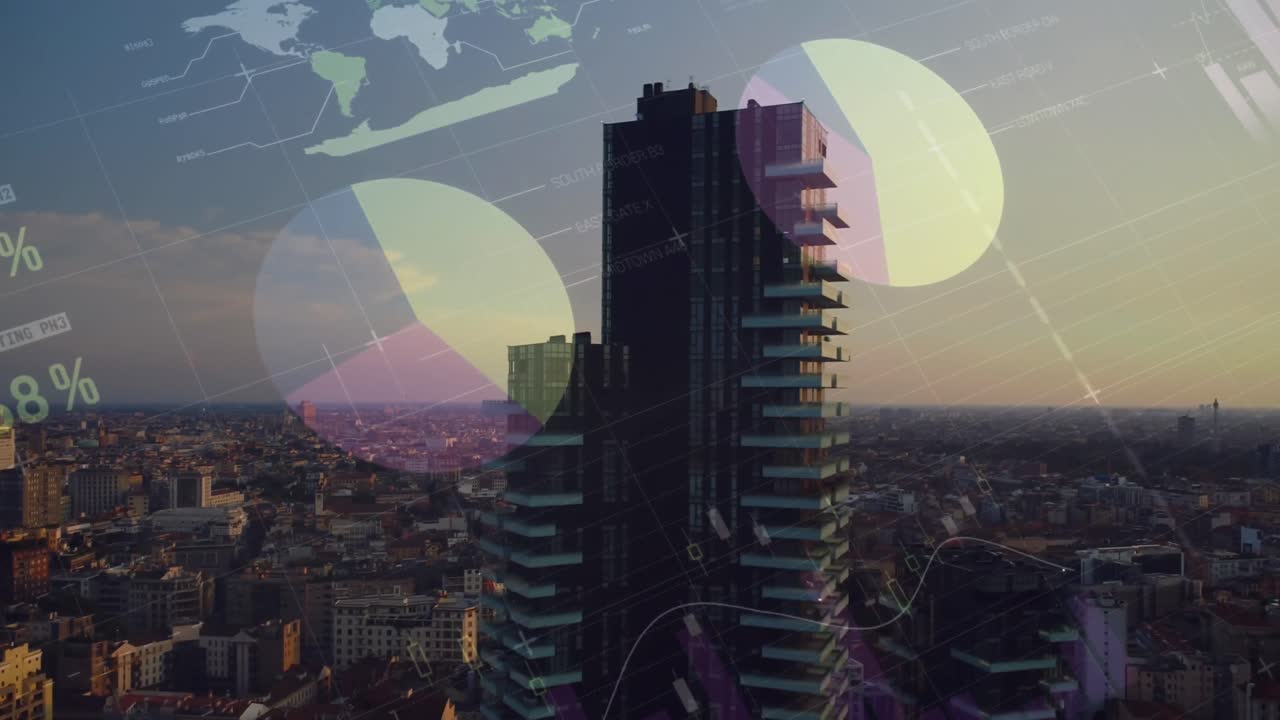 animación del procesamiento de datos financieros a través de líneas de alta tensión