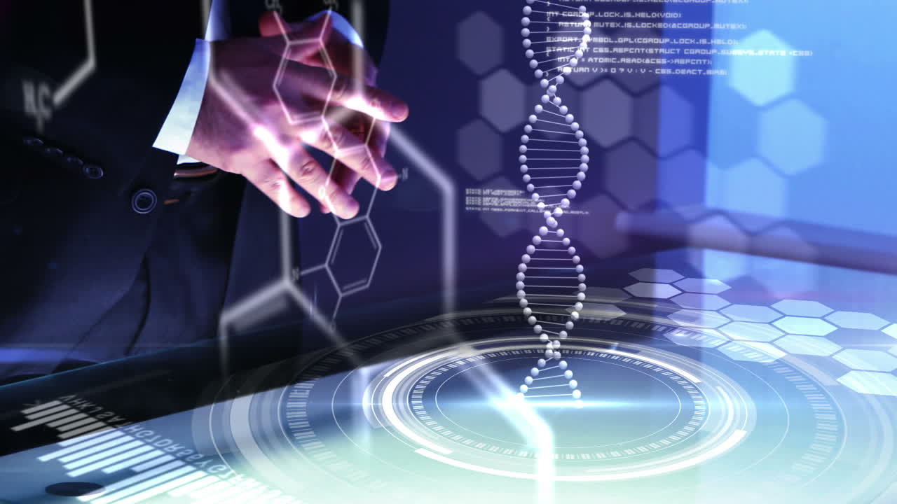 Businessman showing dna helix