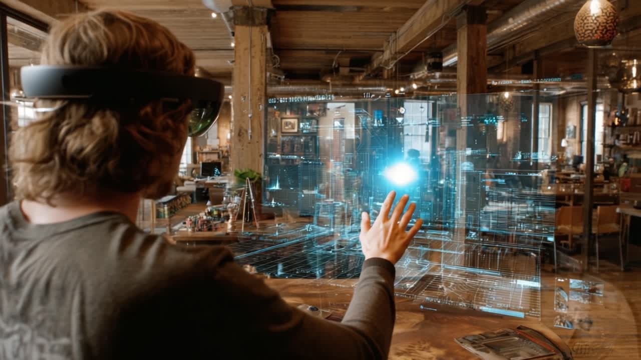 Exploring the Future of Augmented Reality: A User Interacts with a 3D Holographic Cityscape in a Modern Workspace Environment