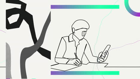 animación del dibujo de un hombre de negocios escribiendo sobre formas en movimiento