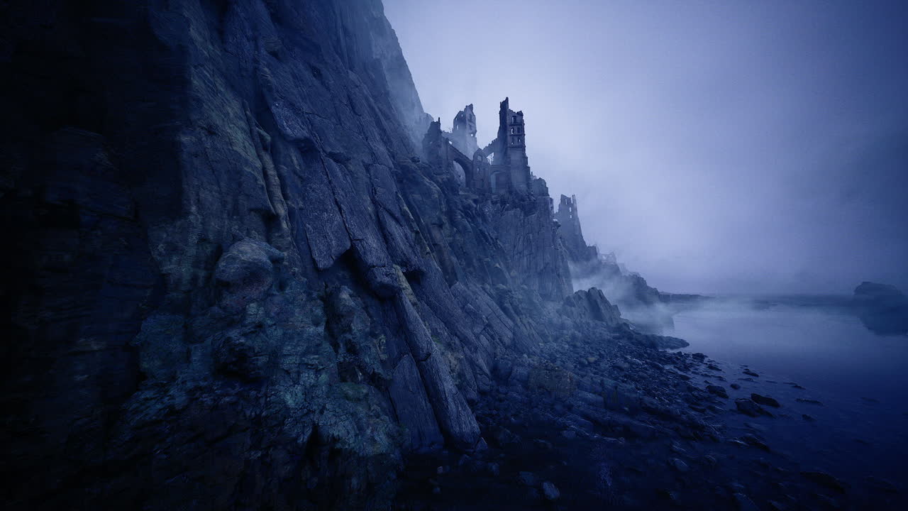 Moody scene featuring rugged peaks and dense mist during twilight hours