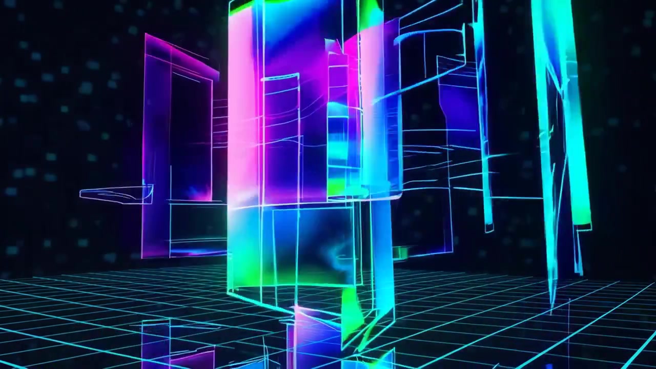 Abstract Neon Geometric Shapes Moving in Digital Space